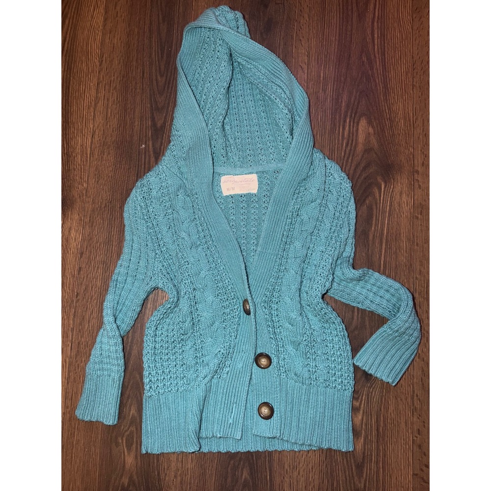 Y2K 2000s Aeropostale Cardigan Womens Medium Teal Blue Cable Knit Hooded Sweater
